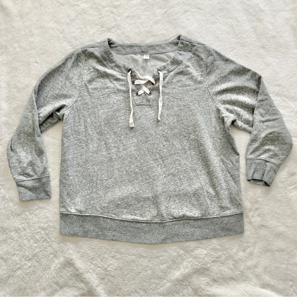 Old Navy Relaxed Lace-Up French Terry Top Heather Gray Size XXL - Picture 2 of 8